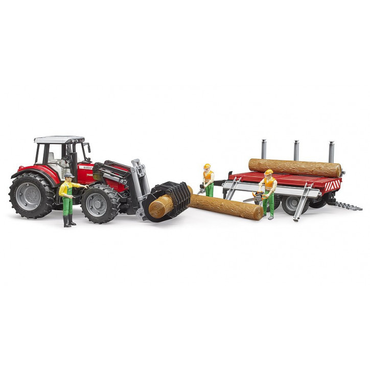 Traktor Massey Ferguson s predným nakladačom, prívesom na prevoz dreva a 3 kmeňmi stromov 1:16 02046