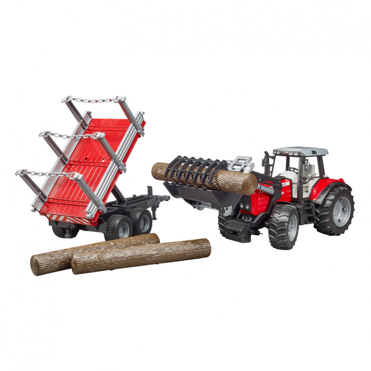 Traktor Massey Ferguson s predným nakladačom, prívesom na prevoz dreva a 3 kmeňmi stromov 1:16 02046