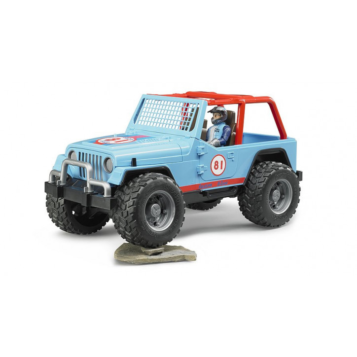 Terénne pretekárske auto Jeep Cross Country modré s figúrkou pretekára 1:16 02541