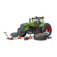 Traktor Fendt 1050 Vario s predným závažím a figúrka mechanika s dielenským vybavením 1:16 04041
